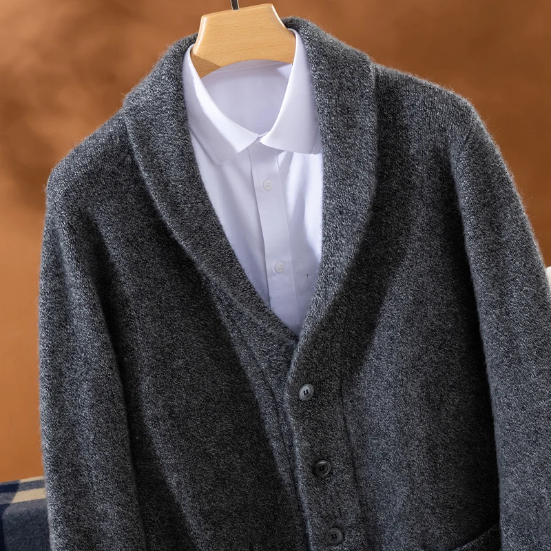 Heavy Duty Thickened 100% Cashmere Knitted Sweater Autumn Winter Men's Green Fruit Collar Sweater Business Casual Lapel Cardigan