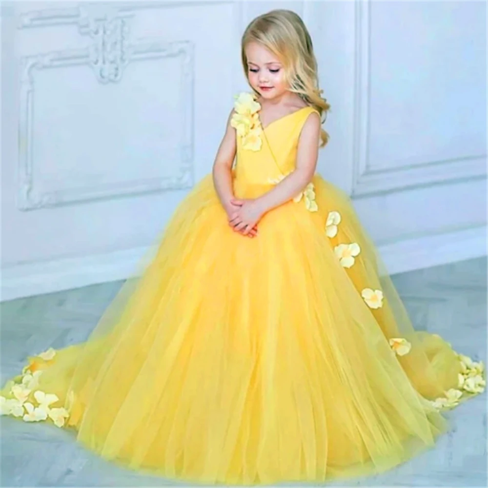 Flower Girl Dresses Lovely Sleeveless Color Tulle Decals  For Wedding Puffy Baby First Communion Gowns Kids Dream Birthday Gift