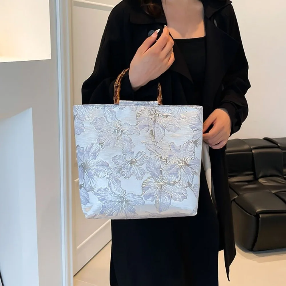 Canvas Jacquard Tote Bag Cheongsam Accessories Bamboo Joint Handheld Chinese Style Handbag Large Capacity Zipper Closure