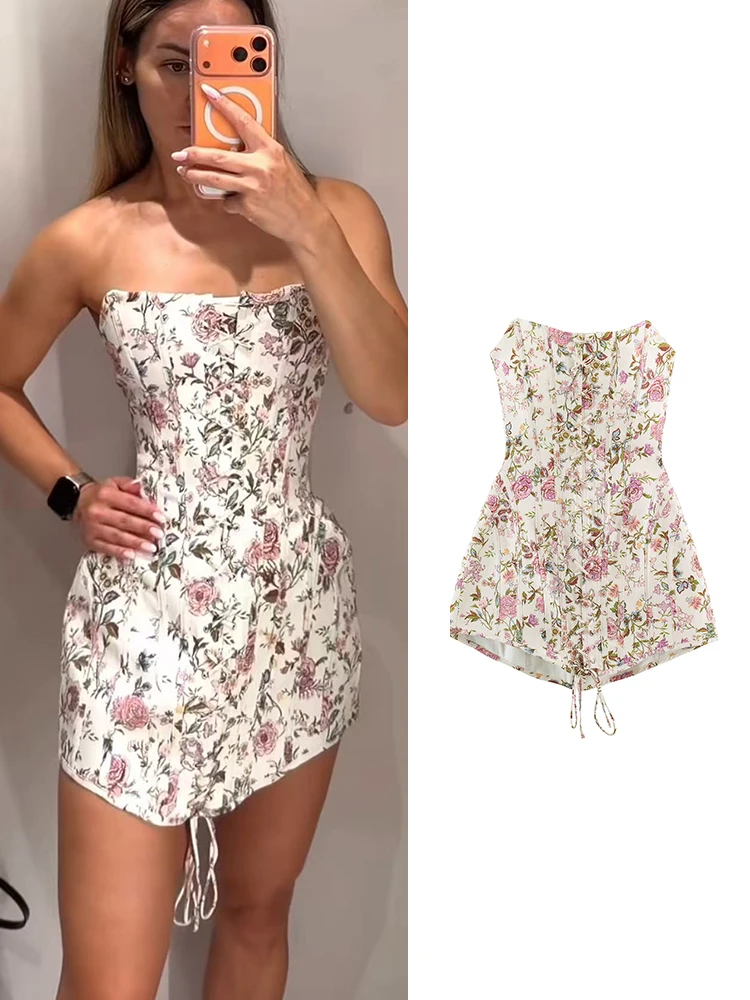 TFMLN Fashionable Sexy Strapless Dress For Women Chic Floral Print Backless Lace Up Temperament Short Dress Casual Sweet