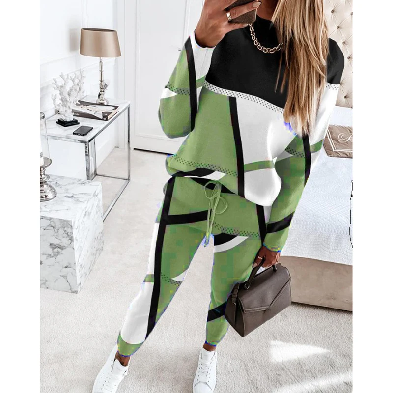 Women Casual Two Piece Sets Fashion Geometric Print O-Neck Long Sleeve Tops and Drawstring Pencil Pants Sets Office Lady Outfits