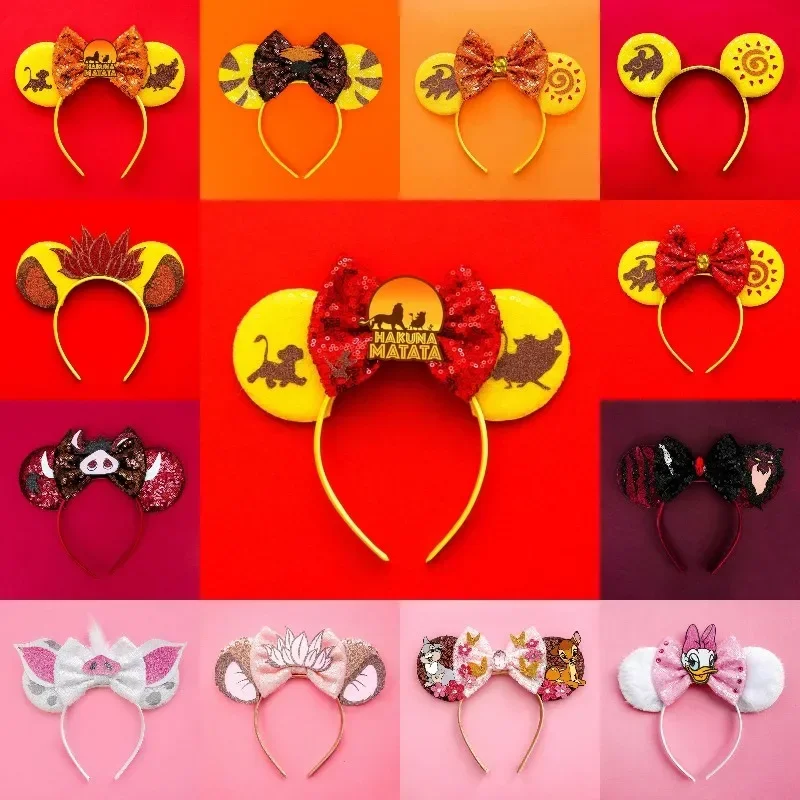 The Lion King Ears Headbands For Women Disney Mufasa Simba Hairbands Girl Pumbaa HAKUNA MATATA Sequins Bow Hair Accessories Kids