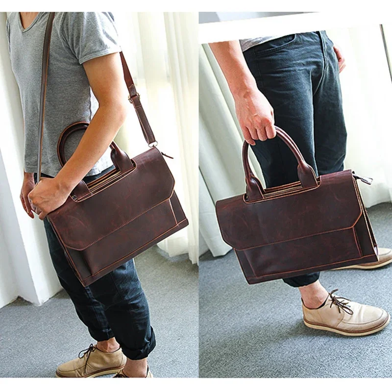 Crazy Horse PU Leather Briefcase Bag For Men Cowhide Executive Office Hand Tote Business Shoulder Document Vintage Messenger