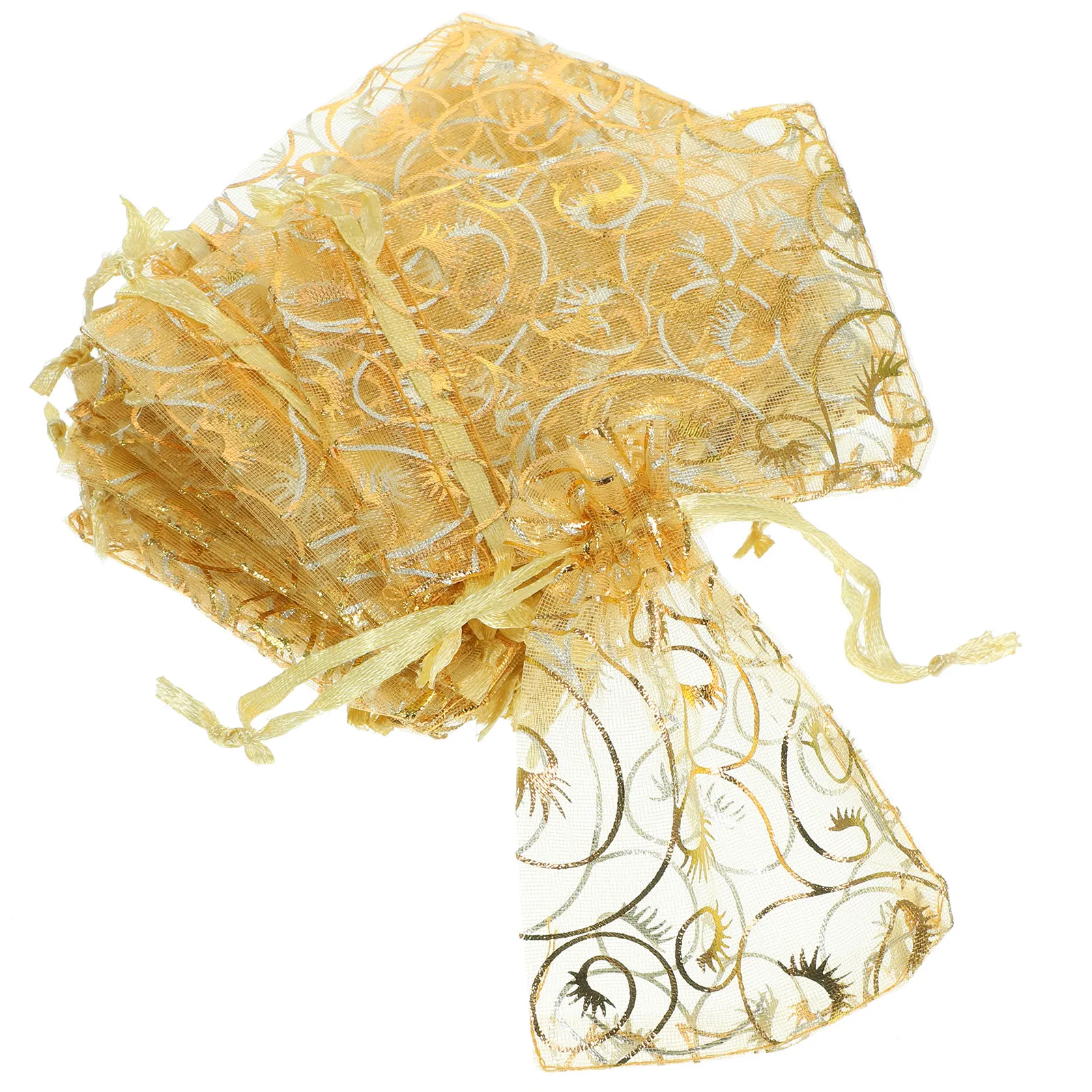 200Pcs Elegant Golden Organza Jewelry Bags 3.5x3 Inch Sheer Drawstring Pouches for Bridal Shower Wedding Favors Party Favor