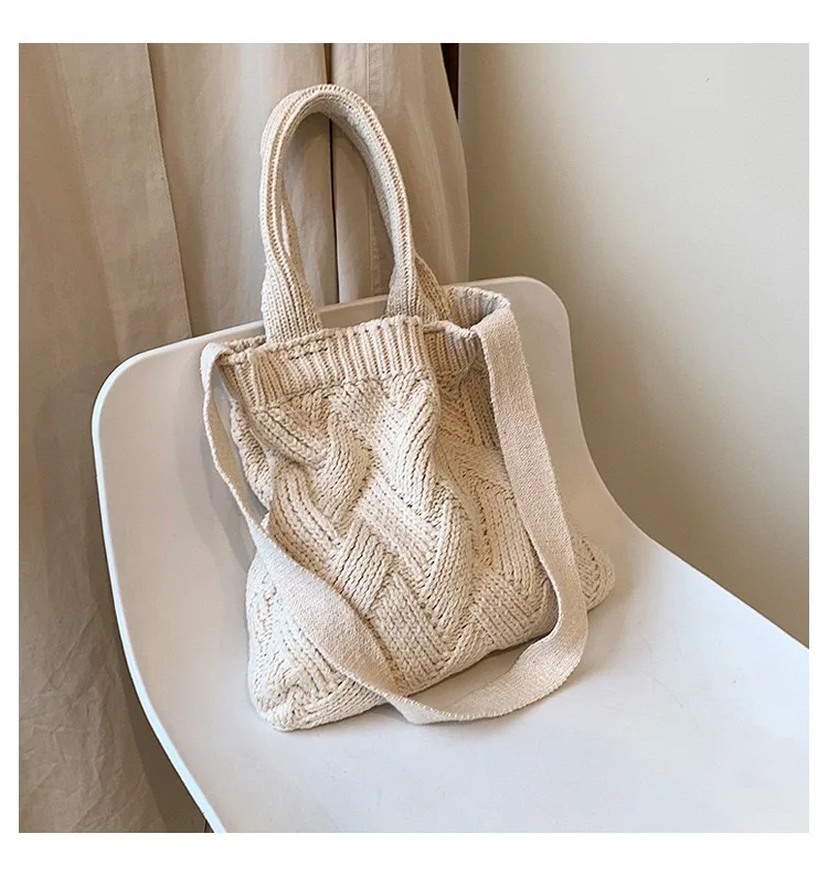 Retro Morandi Color Top Handle Shoulder Bag Knit Tote Striped Vintage French Simple Minimalist Style Trend Crossbody Long Strap