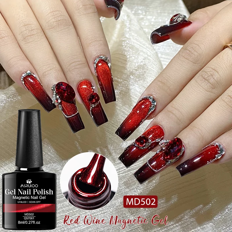 MSRUIOO 8ml Esmalte em Gel Magnético Olho de Gato Vermelho Vinho e Vermelho Rosé, Vermelho Rubi Brilhante, Removível UV Semipermanente para Arte de Unhas