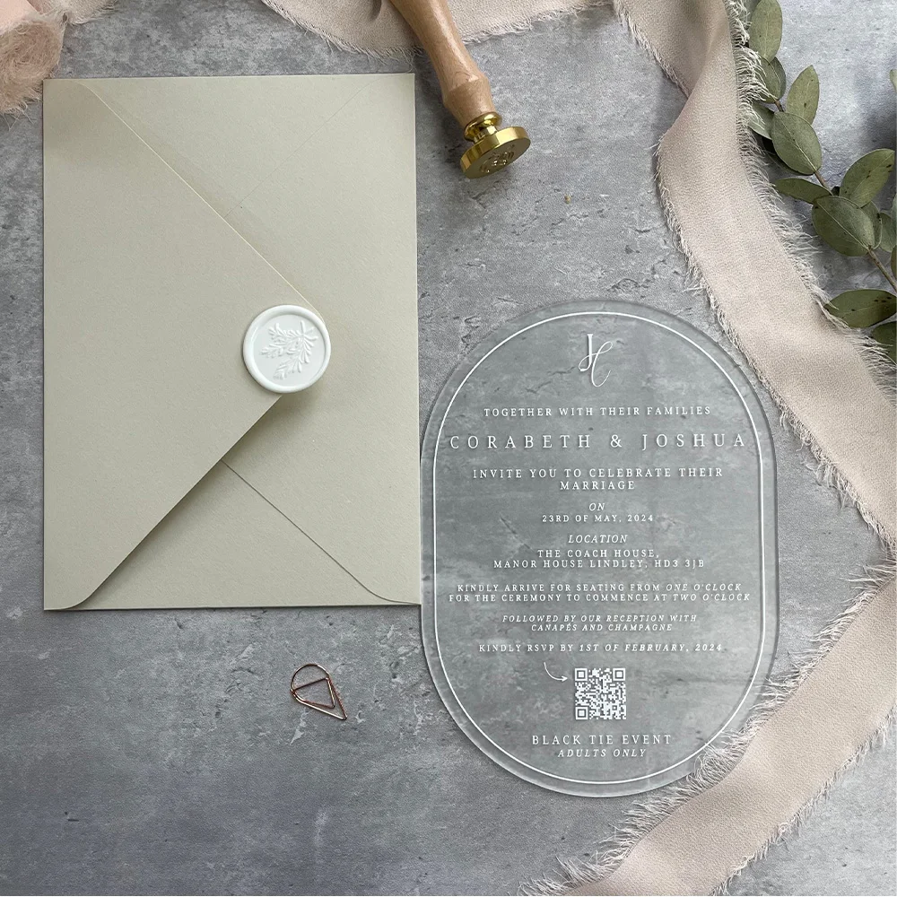 

Oval Clear/Frosted Acrylic Custom Wedding Invitation White Border Design Invites with Envelope and Wax Seal