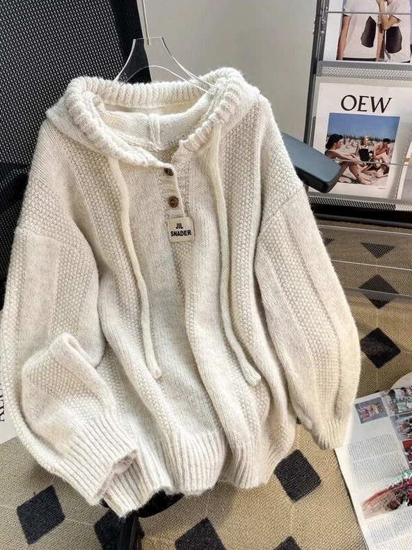 

Autumn Winter Thiened Soft Cozy Hooded Knitted Sweater Korean Sle Loose Lazy Sle Dstring Sweatirt Women's Top
