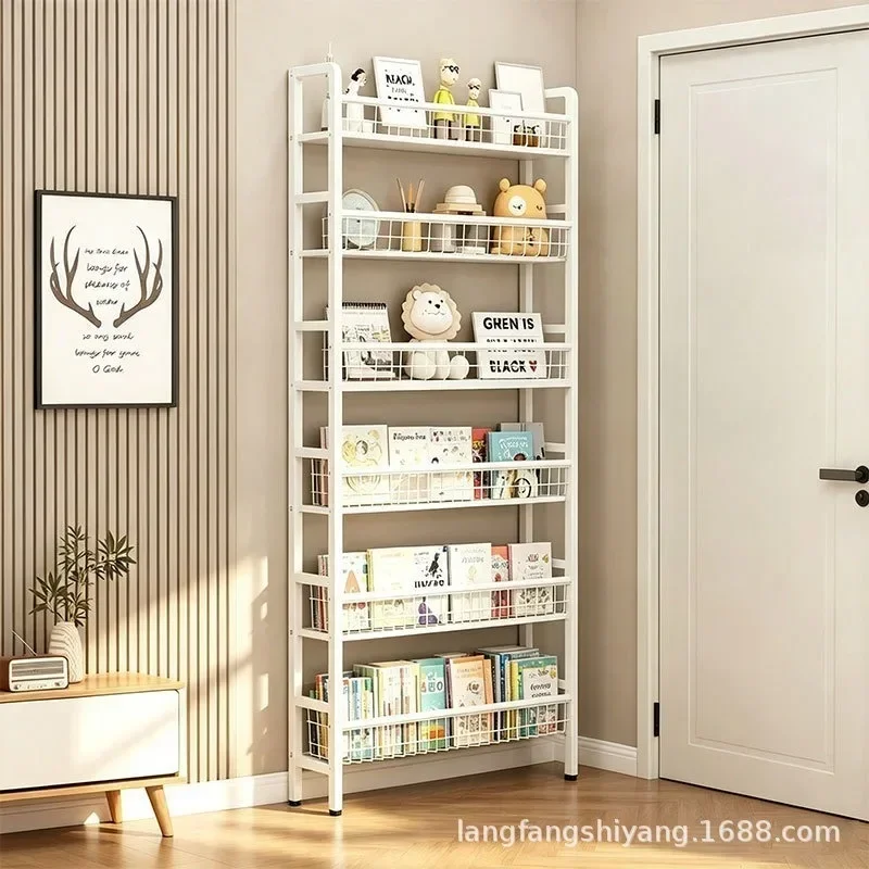 Floor-to-ceiling shelf behind the door, wrought iron ultra-thin non-punching bookshelf, simple and extremely narrow crack wall