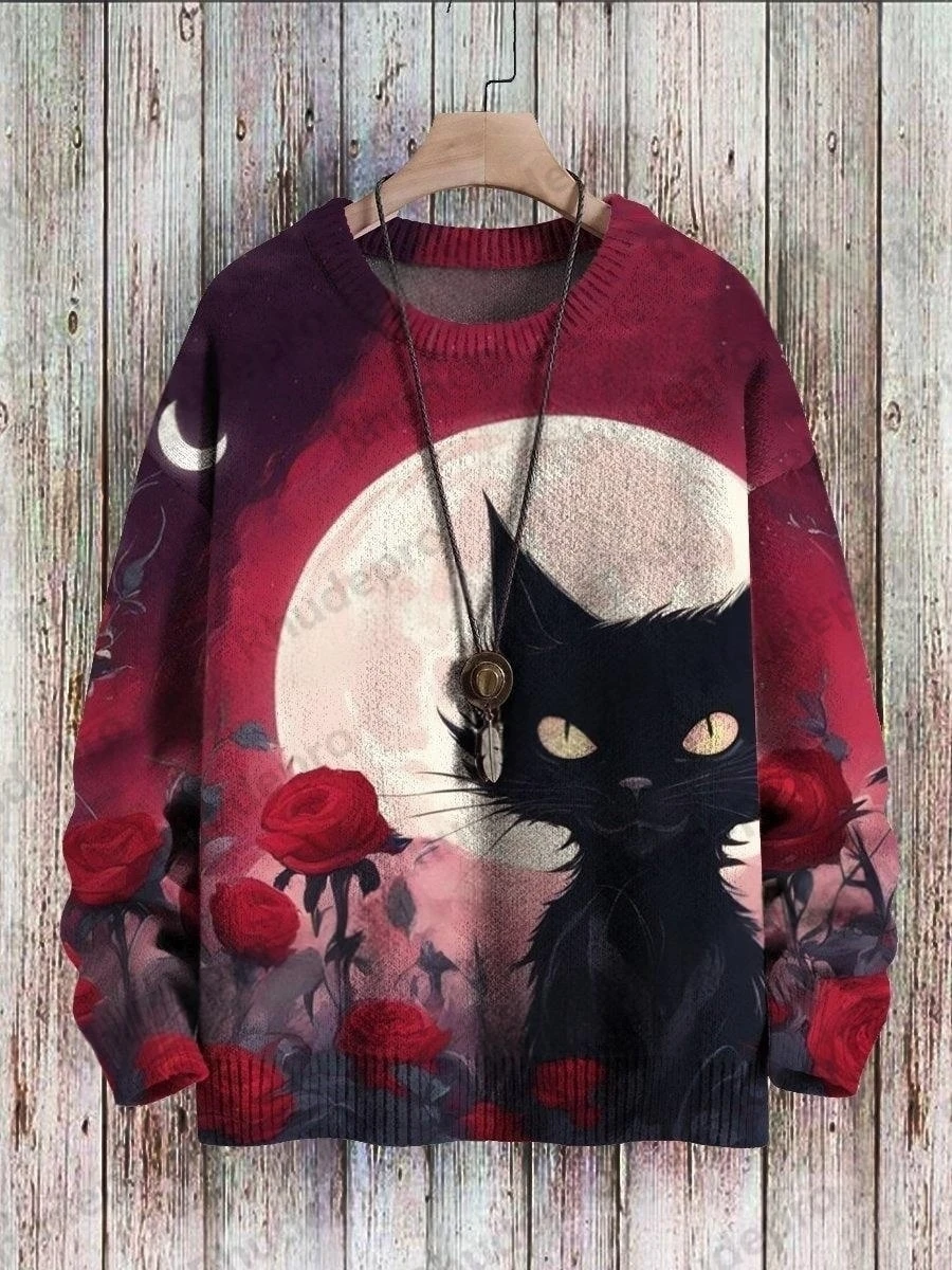 Halloween Castle Black Cat Ghost Retro Art 3D Printed Men's Knitted Pullover Winter Unisex Casual Knit Pullover Sweater
