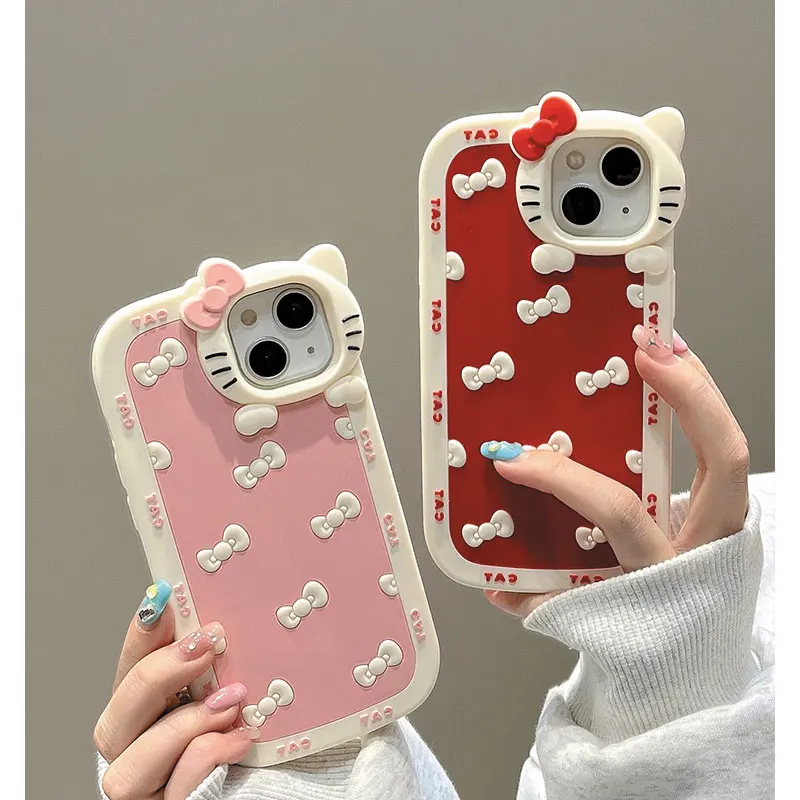 NEW Sanrio Hello Kitty 3D Bow KT Head Phone Case for iPhone 16 15 14 13 12 11 Pro Max Cartoon Y2K Pink Kawaii Silicone Cover