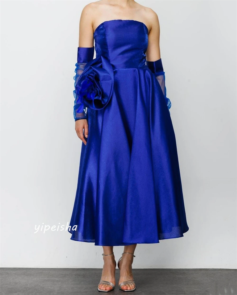 Prom Dress Satin Flower Ruched Celebrity A-line Off-the-shoulder Bespoke Occasion Gown Midi Dresses Evening Saudi Arabia