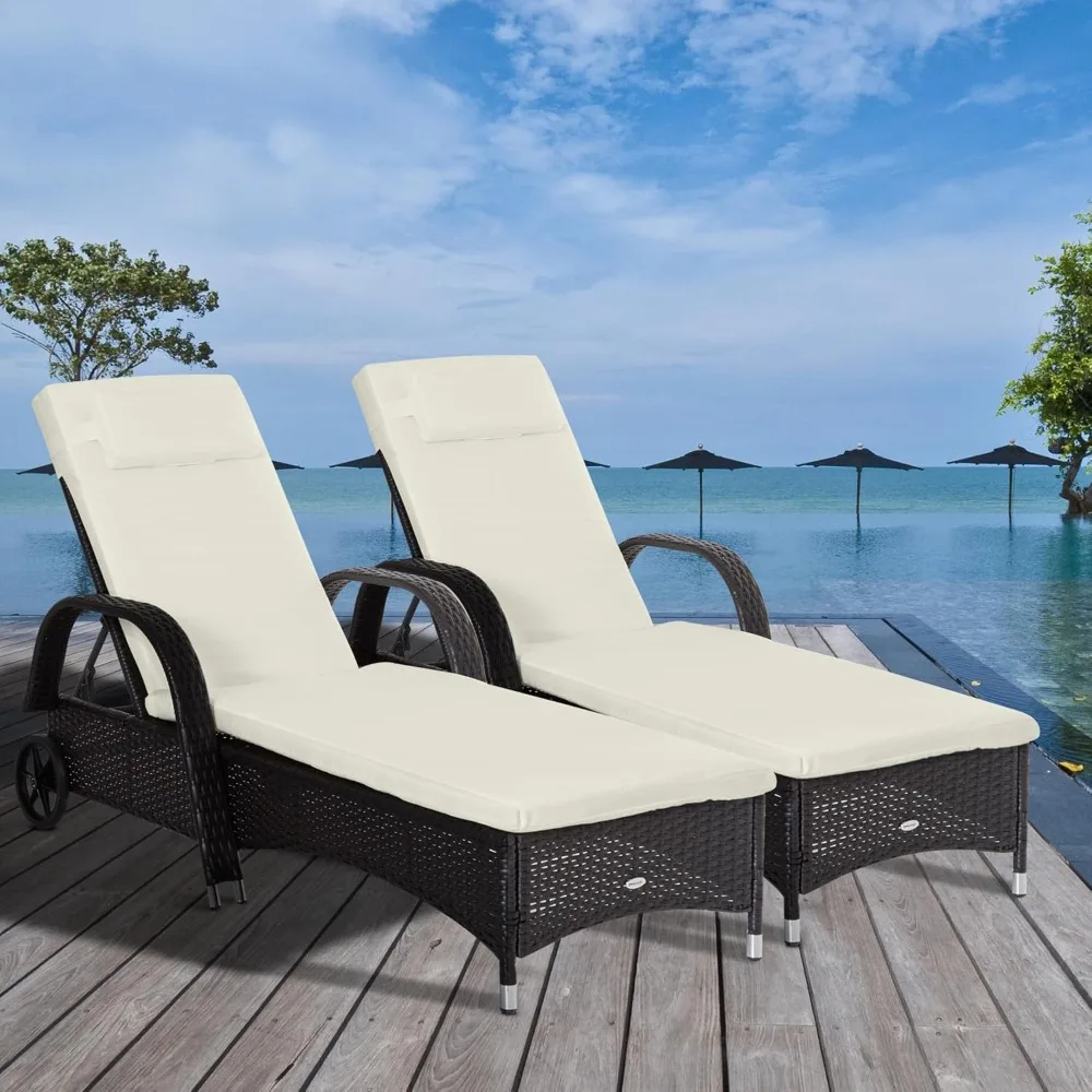 Wicker Outdoor Chaise Lounge Set of 2, 5-Level Adjustable Backrest PE Rattan Pool Lounge Chair with Wheels, Cushion & Headrest