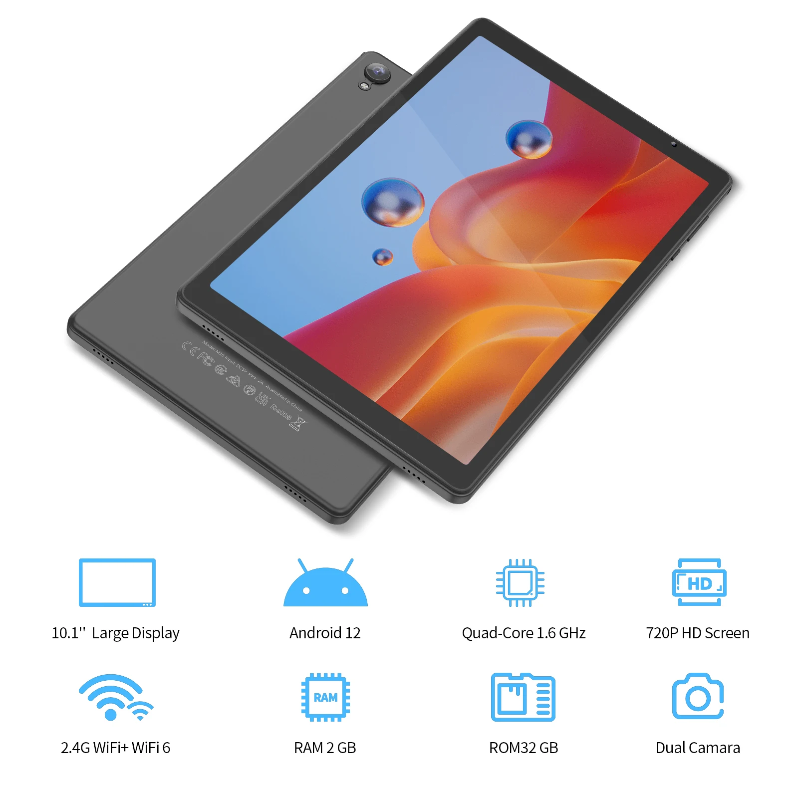 Pritom Tablet 10 Zoll Android 12 32GB ROM 512GB erweitern Tablets, 2GB RAM Wi-Fi 6 Tablet PC mit 1,6 GHz Quad Core CPU, 10,1 Zoll