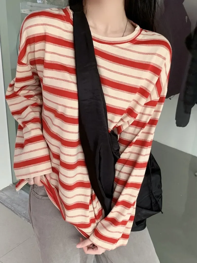 Neues Herbst-Winter-Damen-T-Shirt mit Streifenmuster, Rundhalsausschnitt und langen Ärmeln, lockeres, schmales Oberteil für Mädchen, Studentinnen, Damen, lässiges Basic-Shirt, Teenager-Sportshirt. – Detail 30