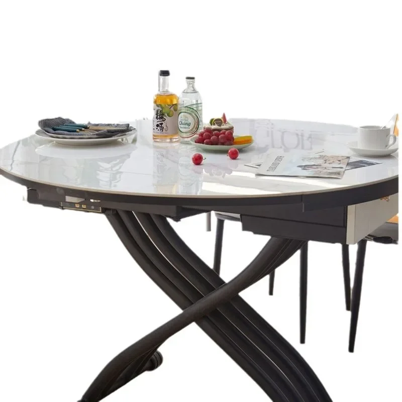 

Multifunctional lift coffee dining table, round household folding rock slab dining table