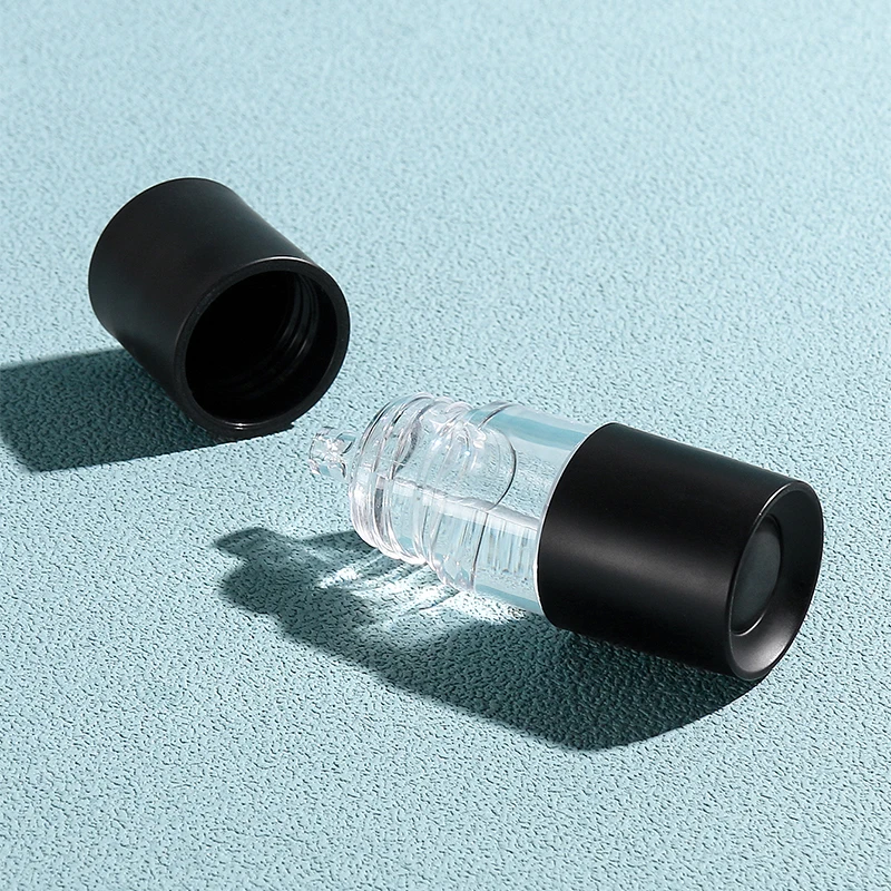 1 Stück 10 ml leerer Einweg-Serumspender, transparent, rund, PETG, dickwandig, gepresst, ätherisches Öl, Hautpflege-Serumspender mit schwarzer Basis und Abdeckung