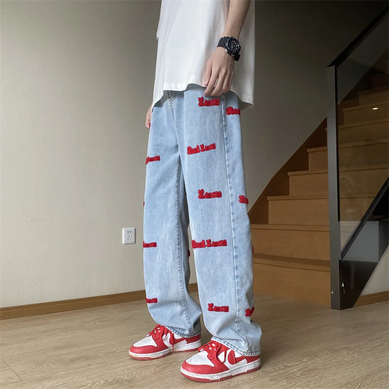 

American Vibe Embroidered Letter Jeans Men's Trendy Casual Loose Straight Leg Pants Street Sle Versatile Spring Faion