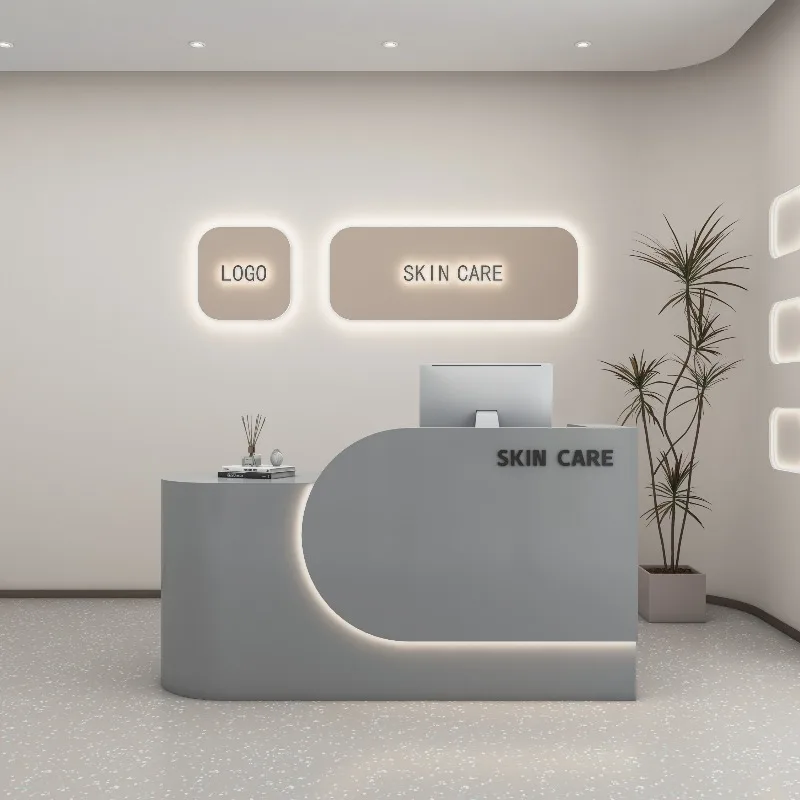 Reception con archiviazione profonda Bancone reception Design Banchi reception aziendali lunghi Mobili reception Mostrador bianchi a forma di L