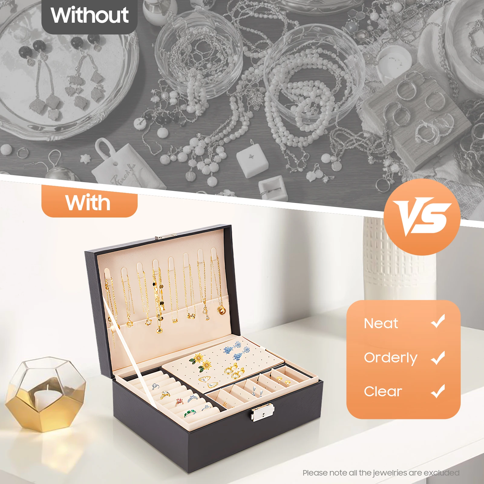 2-lagige abschließbare Schmuckaufbewahrungsbox mit herausnehmbaren Trennwänden, Schreibtisch-Organizer für Ringe, Ohrringe, Armbänder, Halsketten, Broschen, für den täglichen Schmuckaufbewahrungszweck auf dem Schminktisch zu Hause. – Detail 6