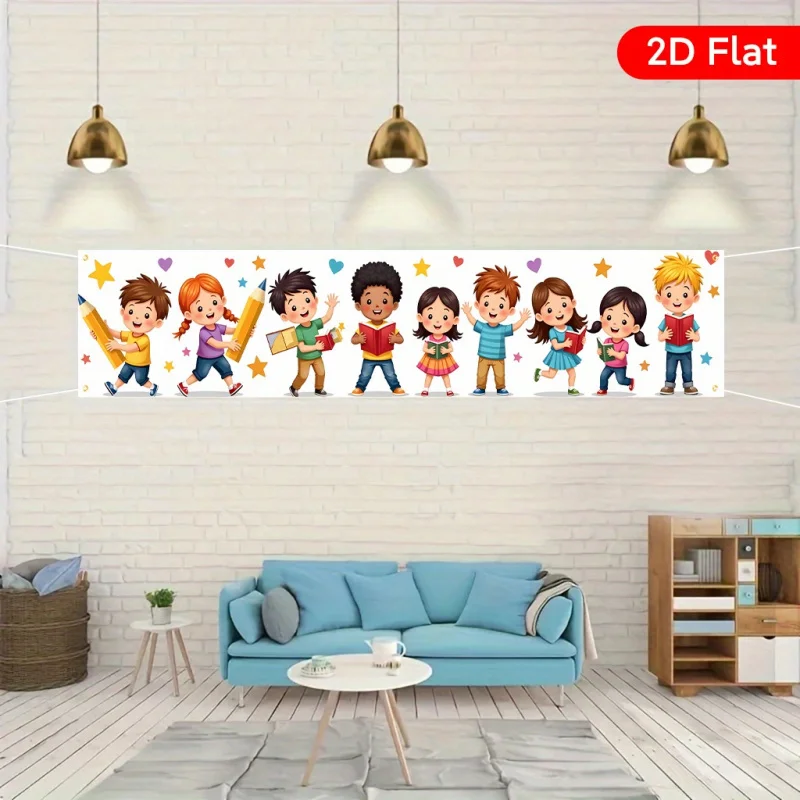 VIKAMA Back to School Yard Banner 2D Flat Kids Pencil Book Print Outdoor Garden Fence Hanging Backdrop School Party Decoration view 2