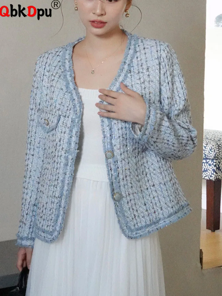 

Женская элегантная верхняя одежда с v-образным вырезом, корейская мода, твидовые однобортные куртки, топы, весна-осень, свободные Chaquetas Blusas с длинными рукавами