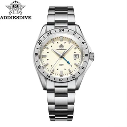 ADDIESDIVE New 38mm Men Watch Sapphire GMT Quartz Movement AD2063 relojes hombre 200m Waterproof Stainless Steel Diving Watches