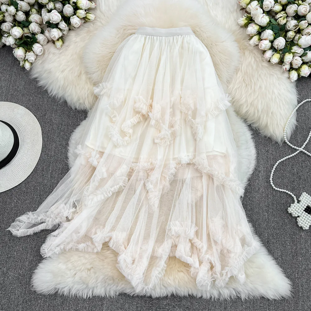 irregular mesh cake skirt, mid length, high waist, big swing, fluffy fairy gauze skirt, long skirt, 2026 women