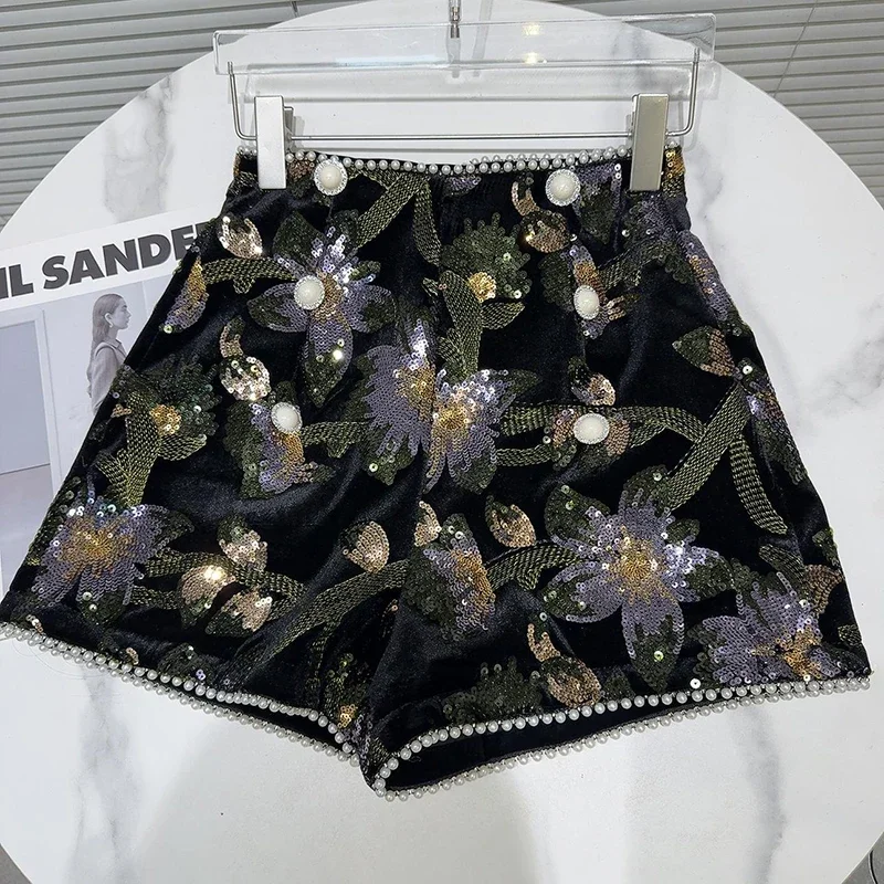 2025 겨울 신상품 화려한 진주 꽃 자수 벨벳 진주 테두리 3 파티 반바지 부츠와 여성용 바지