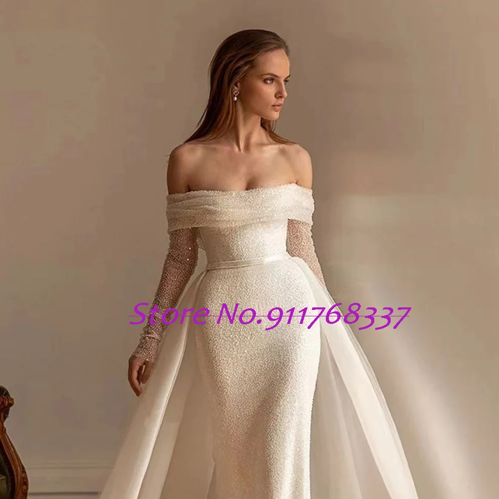 Trouwjurk Shining Mermaid Wedding Dress Long Sleeve with Detachable Train Robe Mariage Sequined Beading Luxury Vestidos De Novia