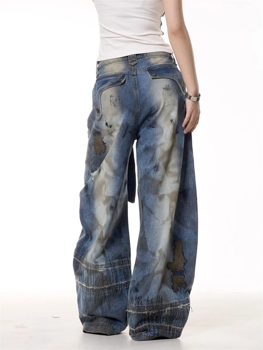 Dżinsy haftowane w stylu American Street Destruction, oversize, retro, sprane, modne, luźne, casualowe, z szerokimi nogawkami.