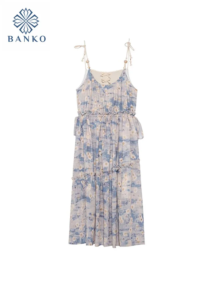 Vestido recto con estampado elegante para mujer, vestido de tirantes finos sin mangas, cordón, una pieza, moda japonesa, Verano