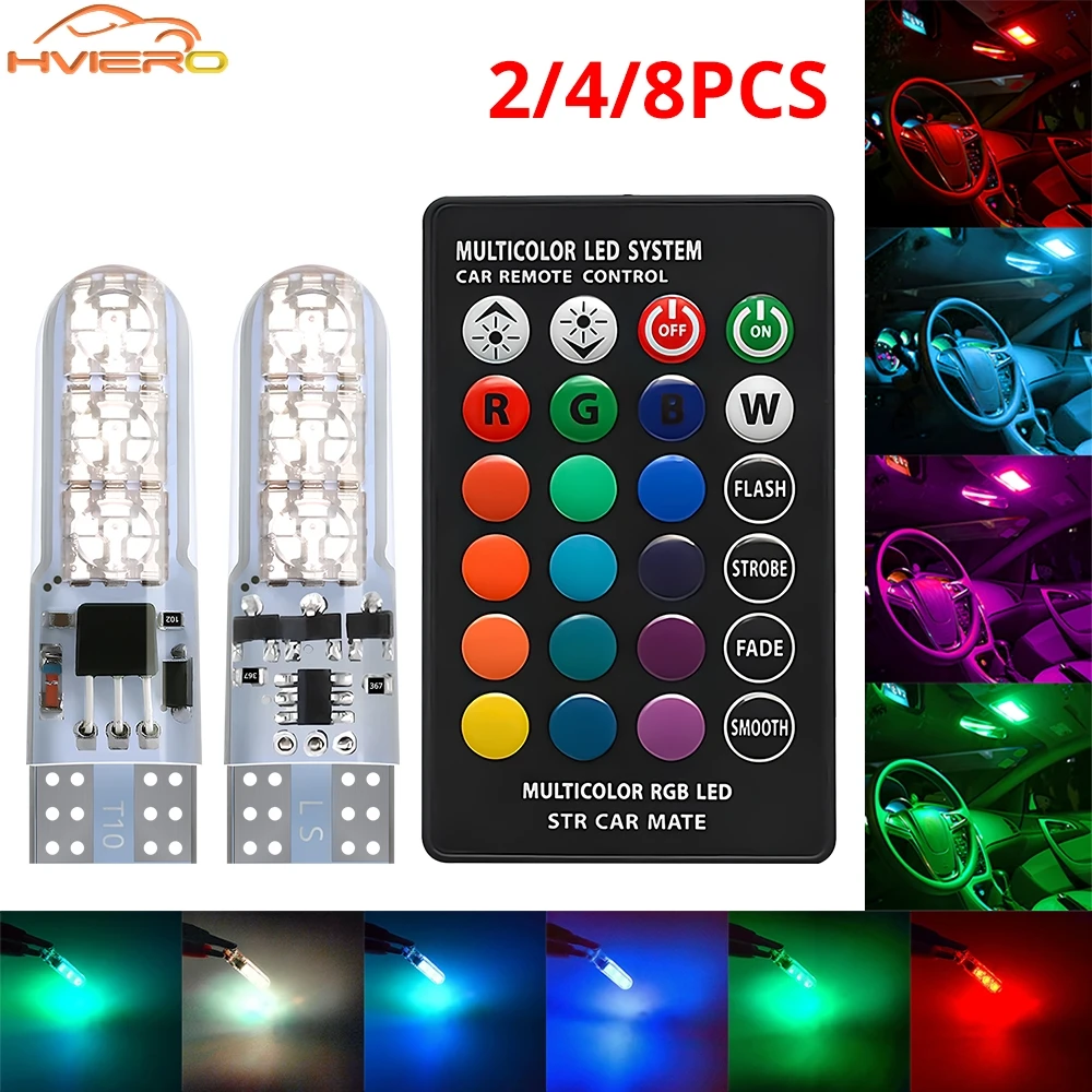 2/4/8x 5050 6SMD RGB T10 Wedge Lamp W5W 194 168 With Remote Auto Footwell Dome Reading Side Turn Signal Ambient Replacement Bulb