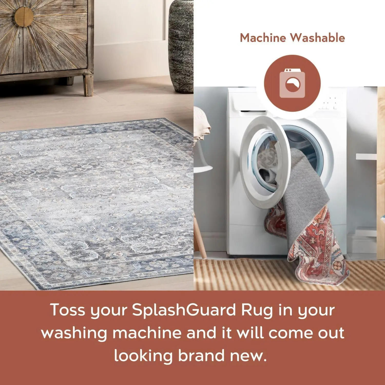

6' Round Splashguard Machine Washable Area Rug with Waterproof Spill Proof Surface, Non Slip Backing and Stain Resistant