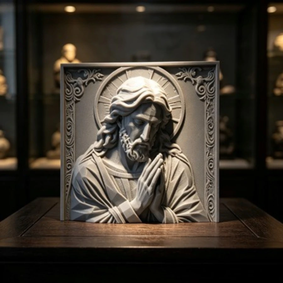 Vintage Figure Relief Plaque Classical Carved Prayer Portrait Sculpture Ornate Frame Stone Textured Wall Table Decor Statue