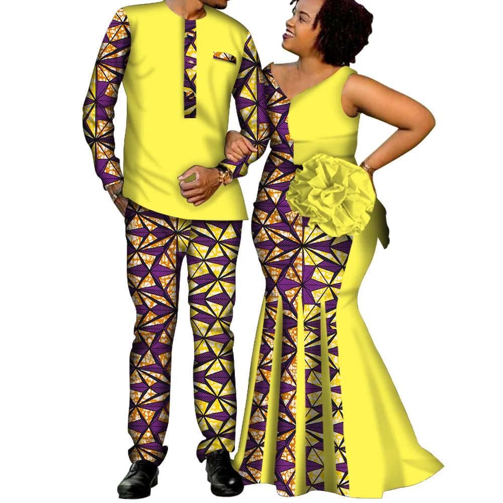 Casal africano combinando roupas para casamento feminino fino sereia vestido bazin riche masculino topo e calça define amante festa de casamento wear