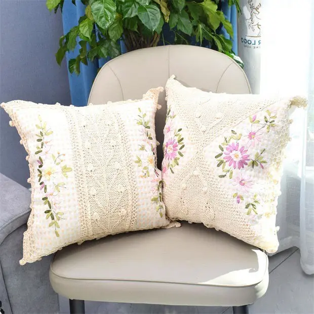 

New Fashion Pure Cotton Linen Ribbon Embroidered Pillow Waist Pillow Cushion Cushion Cover Boutique Simple Style Pillow Cover