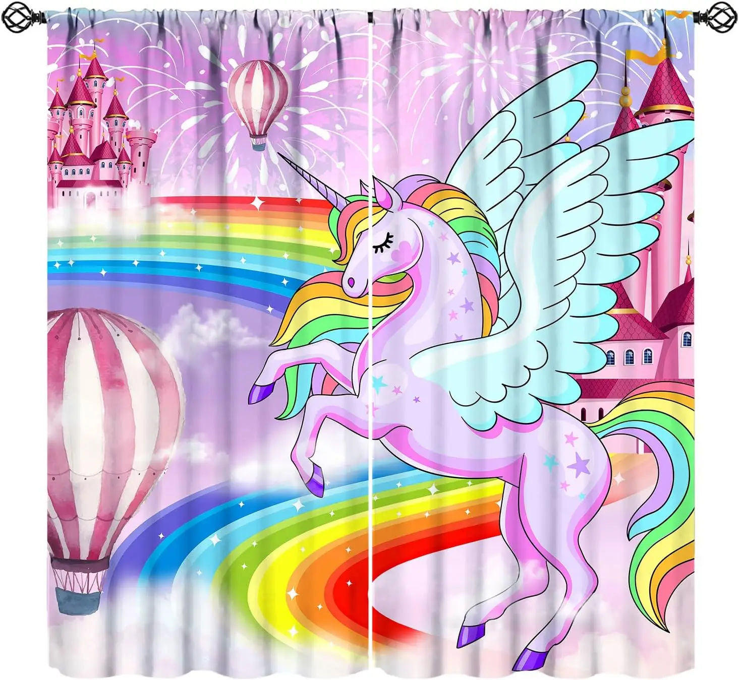 Unicorn Girls Curtains, Pink Princess Magic Castle Rainbow Hot Air Balloon Fantasy Fairy Tale Purple Print Window