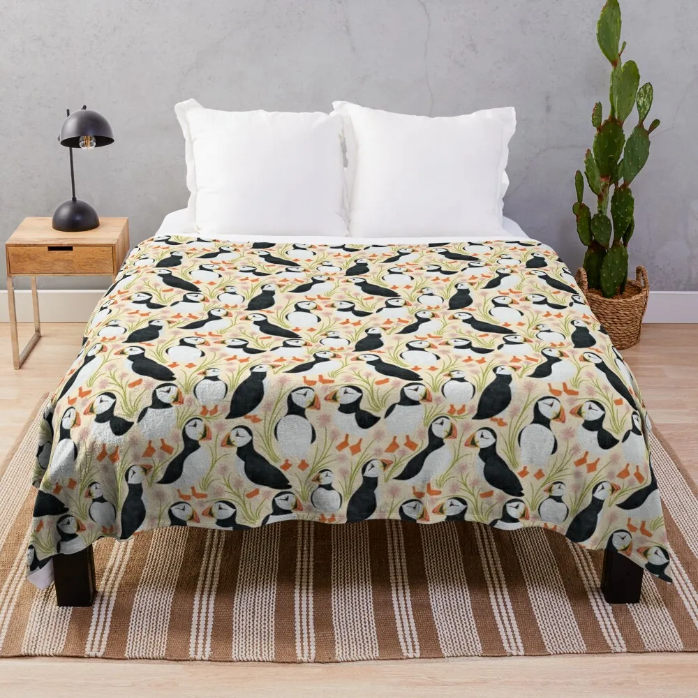 

Floral Puffins Throw Blanket Picnic For Sofa Thin Blankets