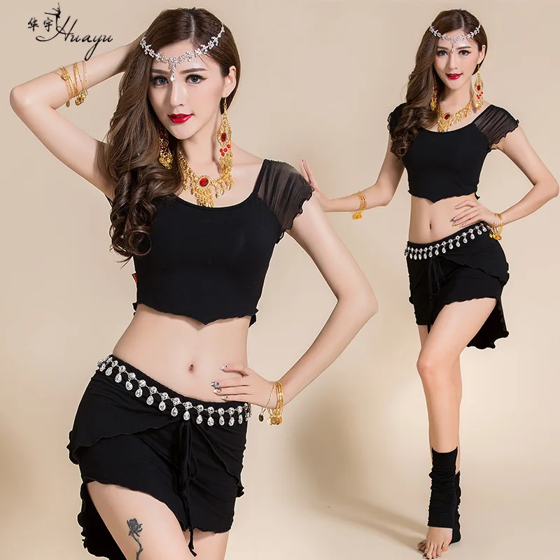 1set/lot woman training belly dancing costumes lady modal solid print dancing top and skirt