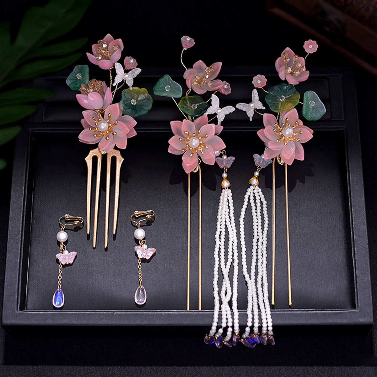 Chinesische Hanfu Haar Stick Haarnadel Ohrringe Haar Zubehör Set Lange Fransen Vintage Haarnadel Blume Handgemachte Hochzeit Haar Schmuck