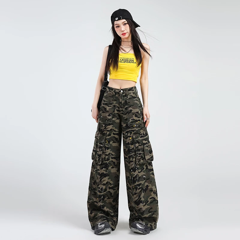 

Retro high-end camouflage design casual wide leg pants for women summer mopping high-end loose straight leg pants 2025 New