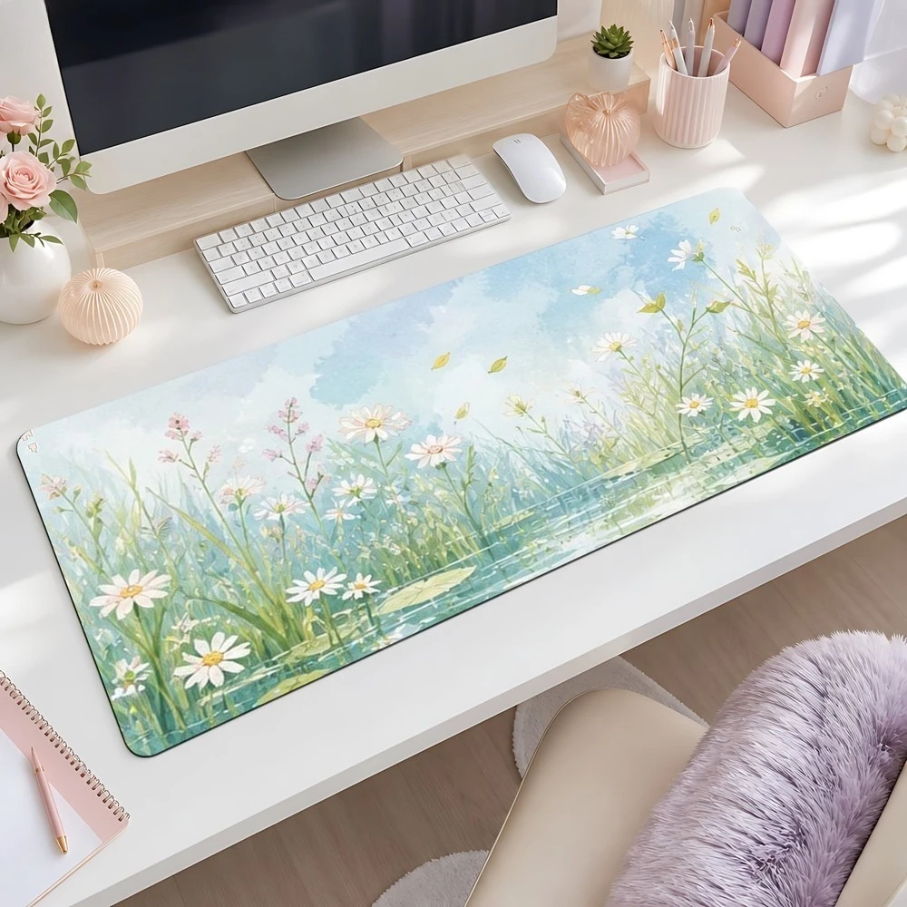 Watercolor daisy wildflower lake-side scenery mouse pad, anti-slip, for office desk, computer desk,desktop decoration accessory