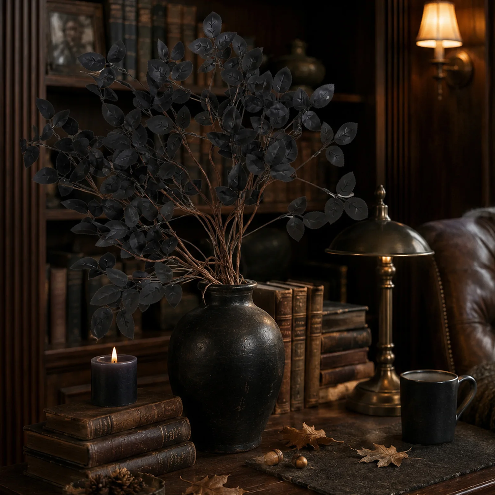 Gothic Style Artificial Ficus Leaves 5Pcs for Halloween Party Decor Dark Themed Interiors Cemetery Scene Setup Indoor Styling