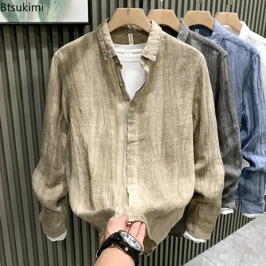 New Men's Cotton Linen Long Sleeve Shirts Solid Vintage Breathable Spring Autumn Casual Shirts for Men Thin Jacket Male Clothing