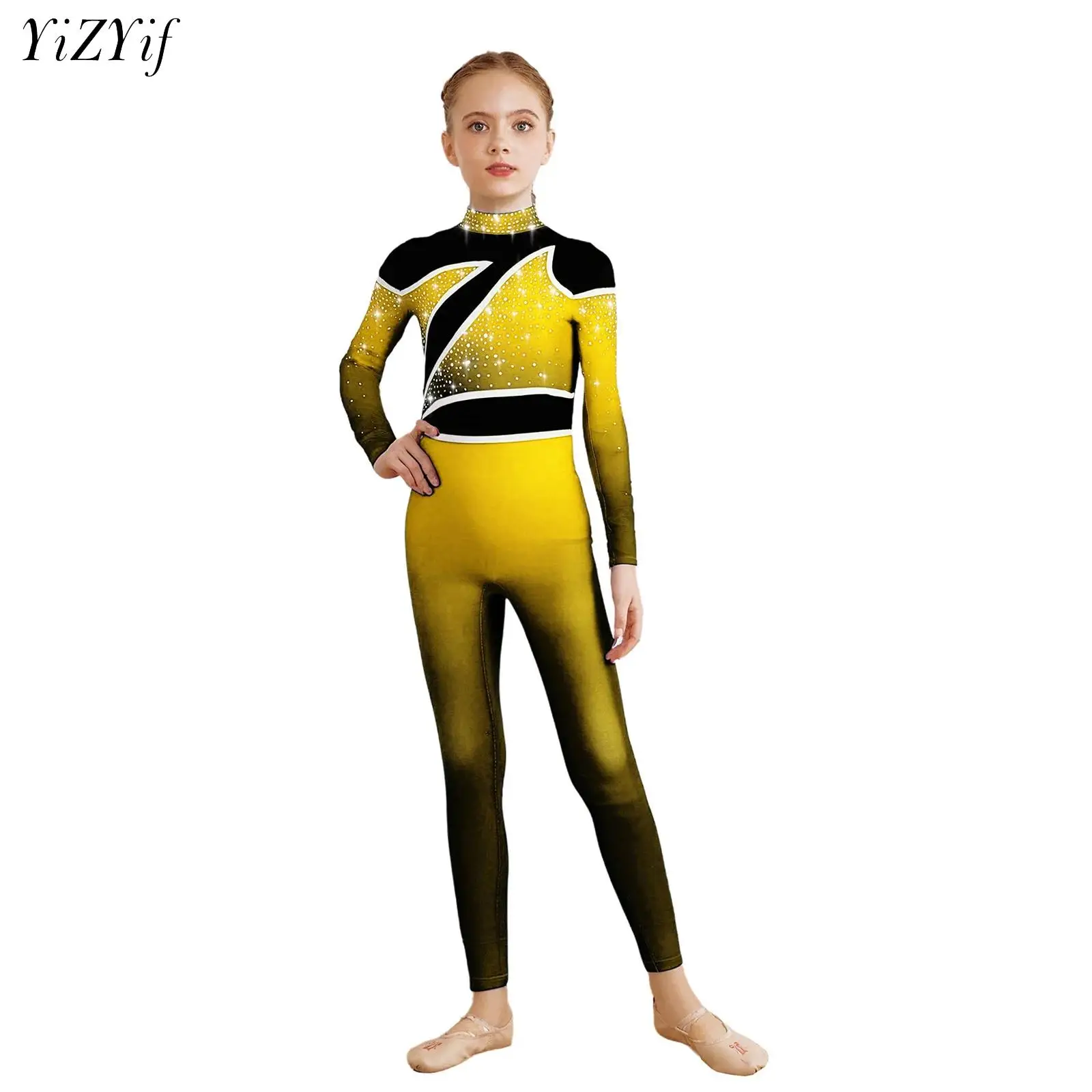 

Kids Girls One Piece Full Body Gymnastics Ballet Dance Leotard Jumpsuit Shiny Rhinestones Gradient Bodysuit Practice Costumes