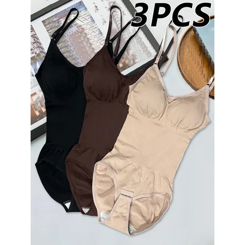 Juego de 3 monos moldeadores de cuerpo de color sólido diseñados para levantar brazos, viene con bragas a juego, adecuados para todas las estaciones