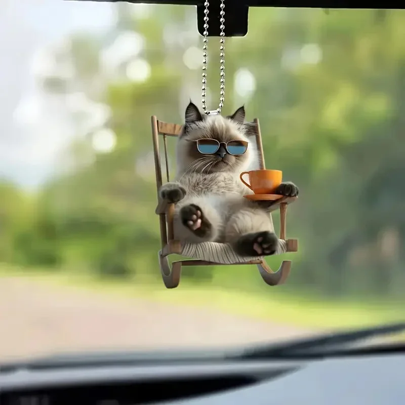 Cute Cat-Shaped RearView Mirror Pendant Auto Interior Car Realistic Animal Hanging Ornament Car Interior Decoration (Flat 2D)