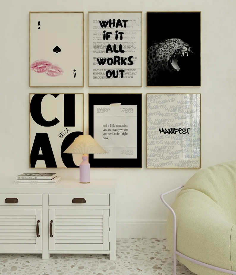 6-teiliges Set Trendige Schwarz-Weiß Affirmationszitate Leinwanddruck Spielkarten Leoparden-Tiermotiv Wandkunst Poster für Heimdekoration
