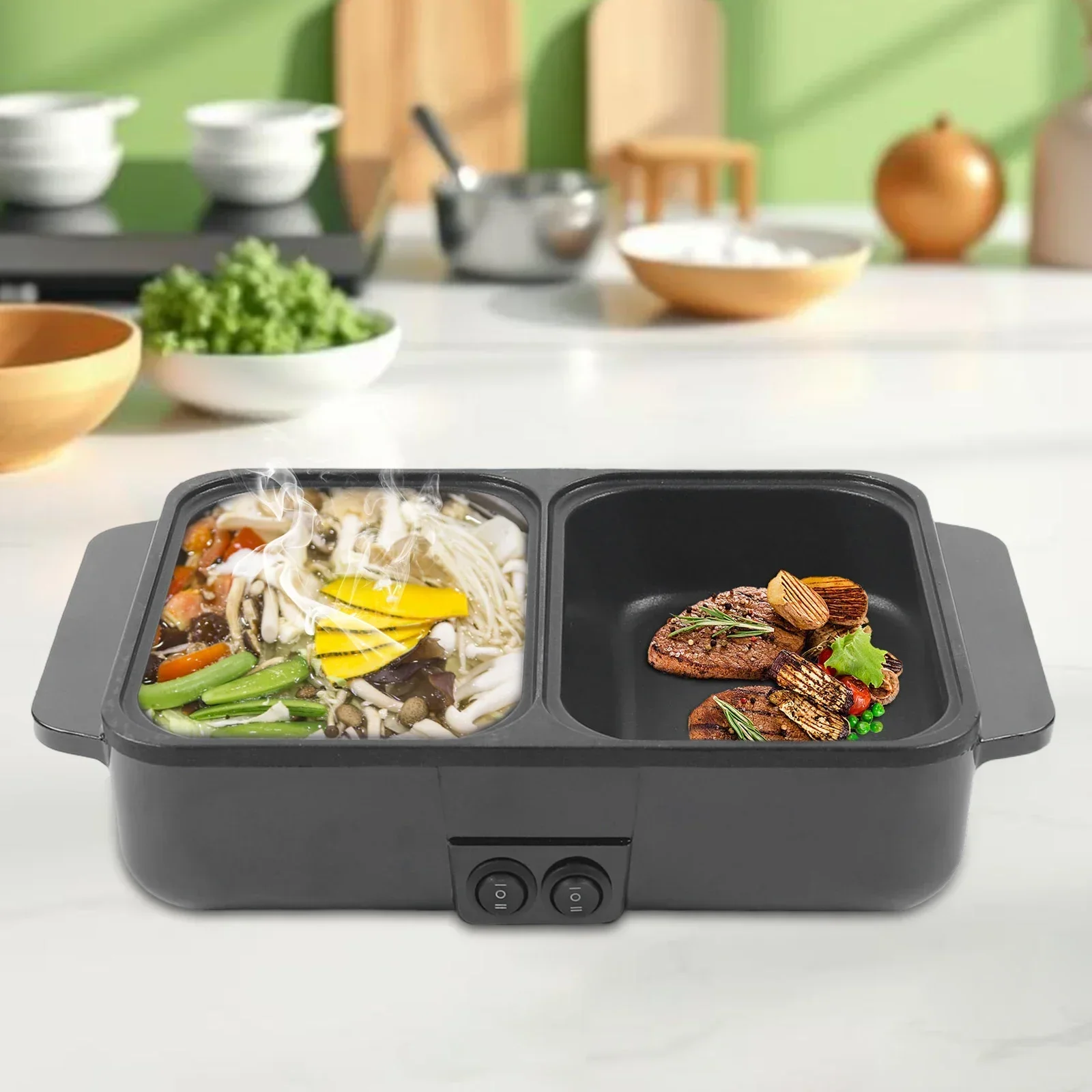 Olla caliente y sartén eléctrica antiadherente para interiores 2 en 1, parrilla de barbacoa coreana multifuncional portátil sin humo, adecuada para 1-2 personas